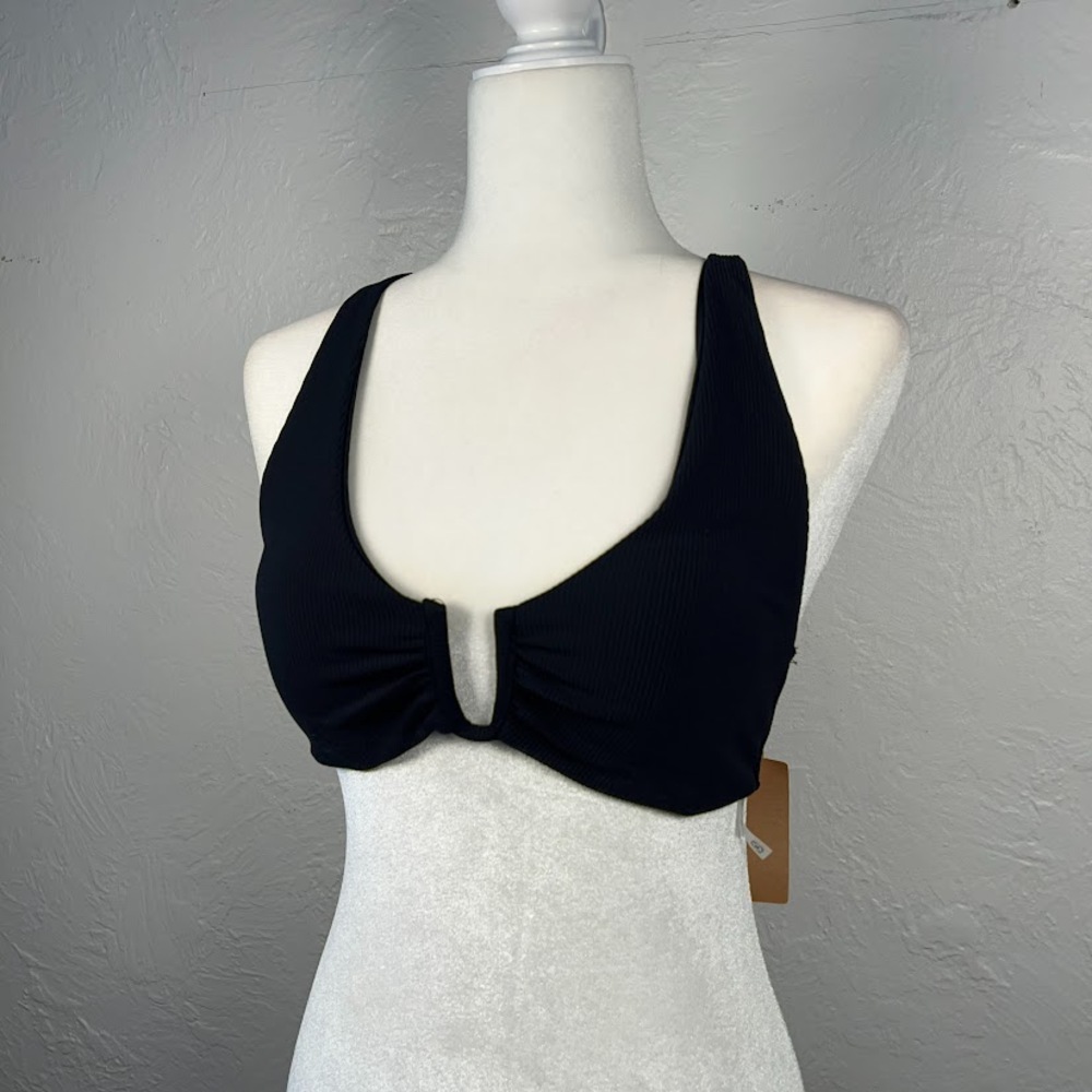NWT Berlook Black U-Ring Ribbed Cross Back Bikini Swim Top L